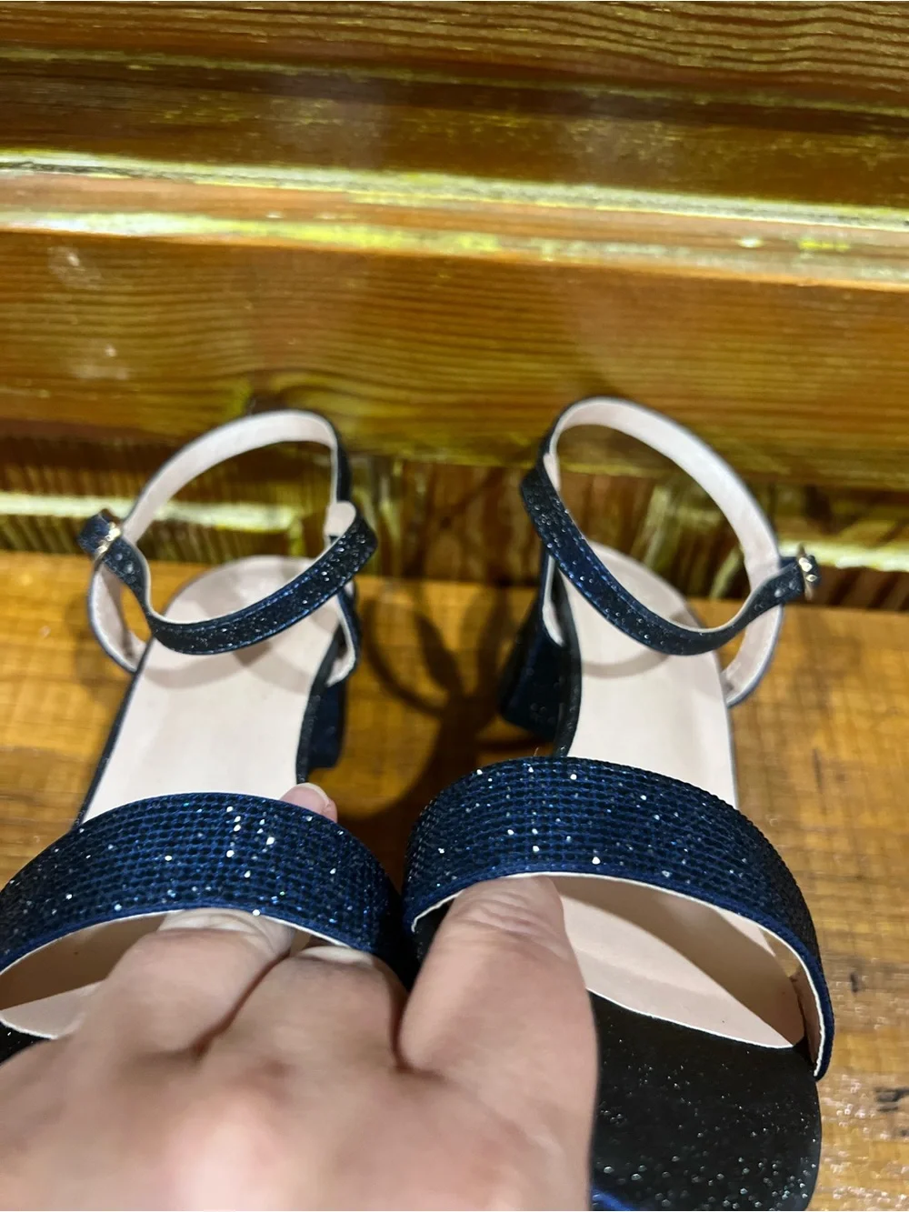 Sparkle Navy Ankle-Strap Block Heel Sandals